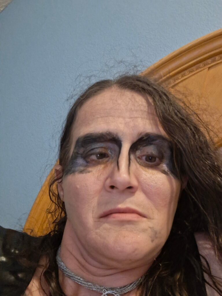 Selfie taken after attending the Virginia Renaissance Faire, showing smeared and messy makeup—a raw, candid moment capturing the aftermath of a long, magical day.