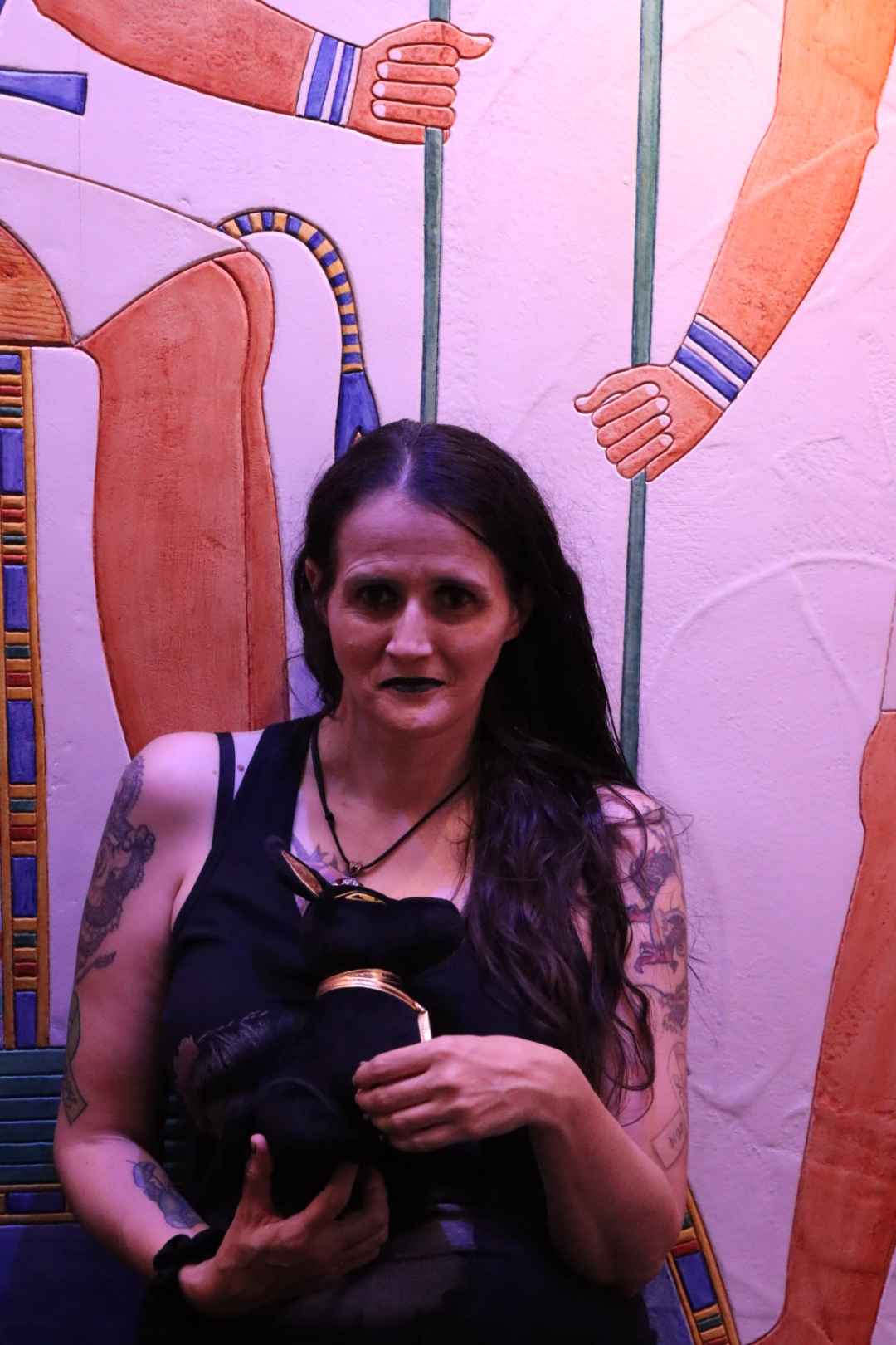 Close-up of a person holding a stuffed Anubis plush in front of an ancient Egyptian painting at the King Tut exhibit in the Houston Museum of Natural Science