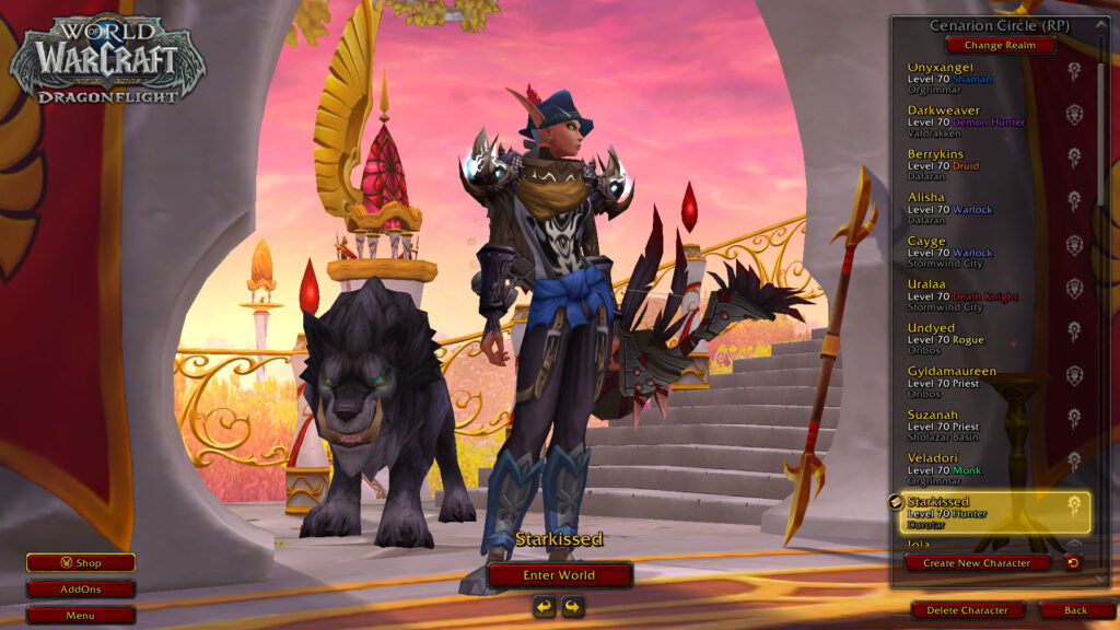 World of Warcraft character select screen, showing storytelling heals even in virtual spaces