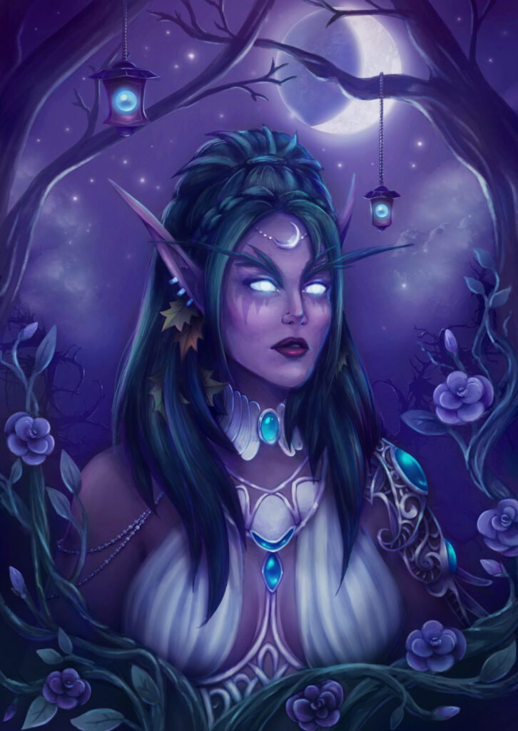 Tyrande Whisperwind standing in the shadows, bathed in moonlight and deep purple hues.