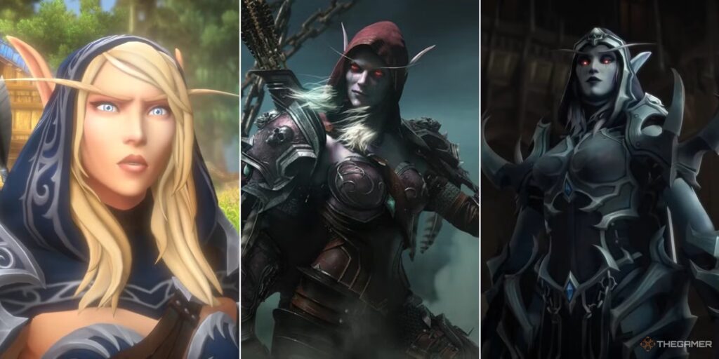 Three versions of Sylvanas Windrunner: her living high elf form, battle-ready in the Legion trailer, and her Shadowlands appearance.