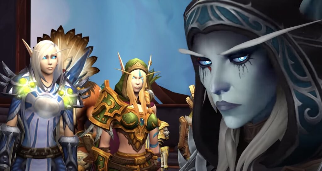 Alt text for "Bound by Blood" featuring Alleria and Vereesa Windrunner reflecting on Sylvanas in Shadowlands.