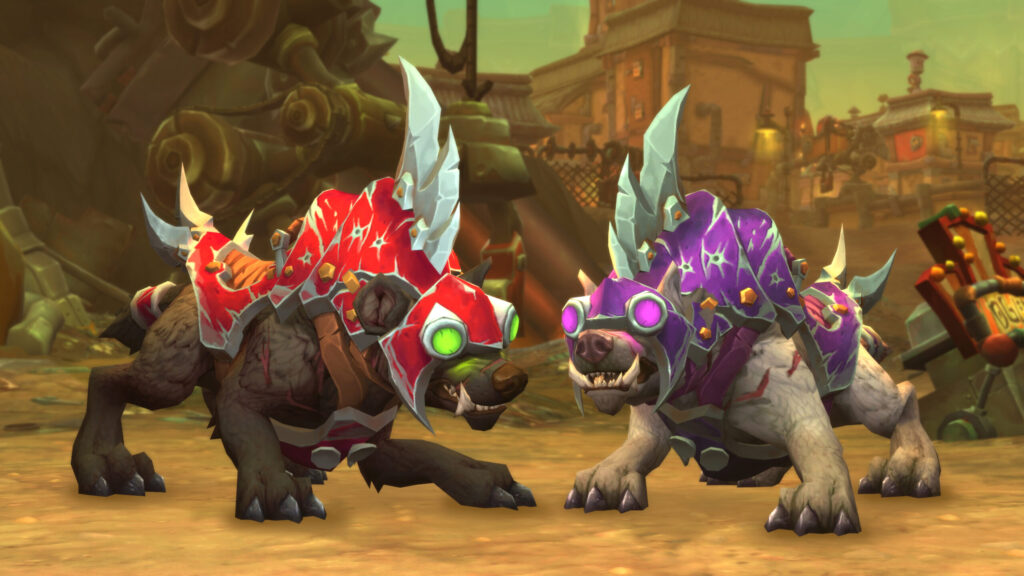 Image showcasing the WoW Undermine release date with the Crimson and Violet Armored Growler mount.