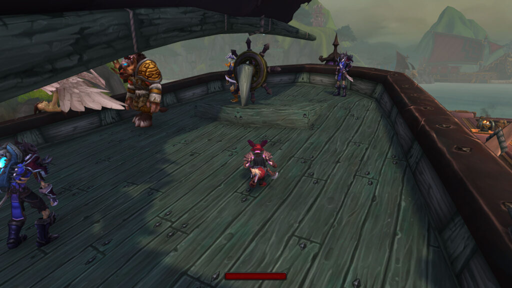Mindful gaming scene: a Vulpera rogue runs across a boat to speak with the captain about their next destination.