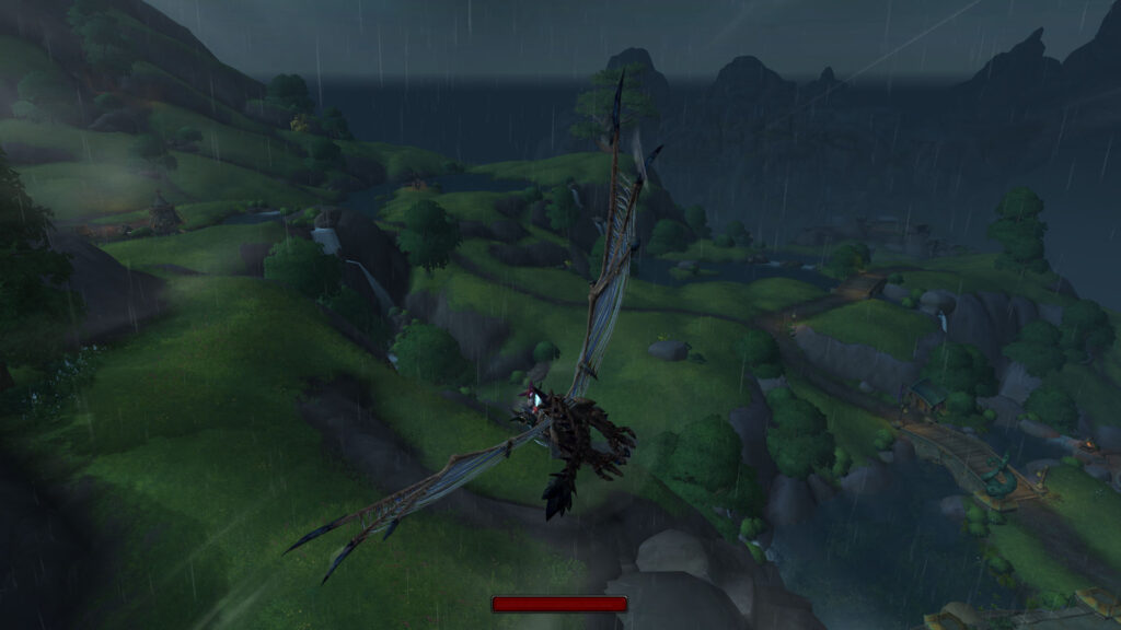 Mindful gaming moment: flying across the skies to reach a questing location.