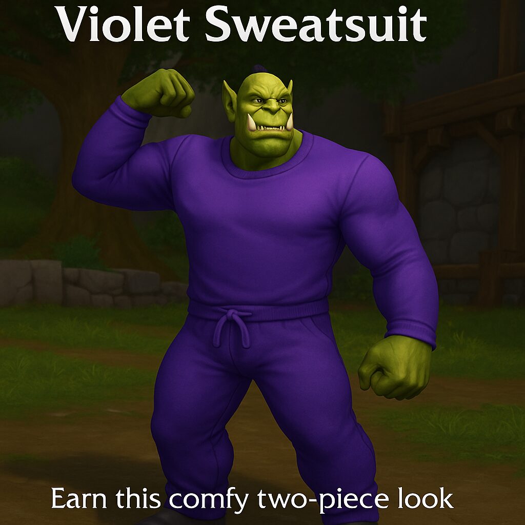 An orc character from World of Warcraft flexing while wearing the Violet Sweatsuit transmog set—purple athletic shirt and matching pants—standing in a fantasy village setting with trees and stone walls in the background.